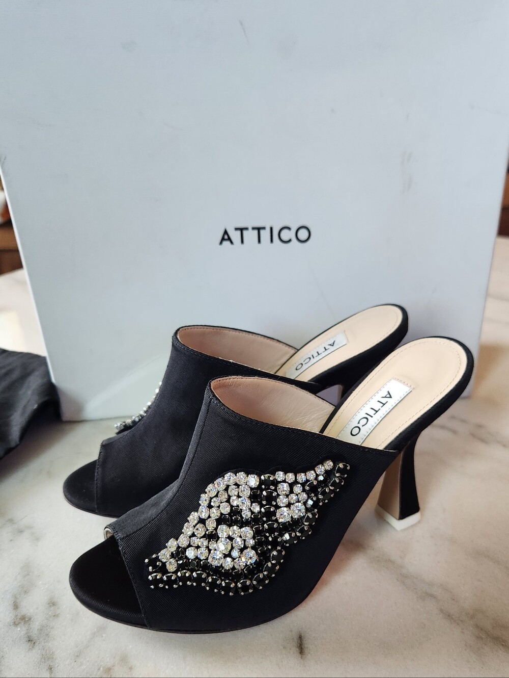 ATTICO Pamela Black Satin Crystal Embellished mule heels Size 6⁹